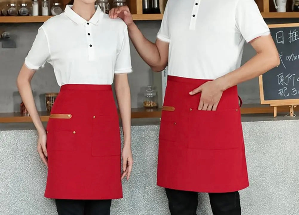 Demi-tablier pour professionnels de la cuisine et du service porté par des serveurs dans un café moderne.