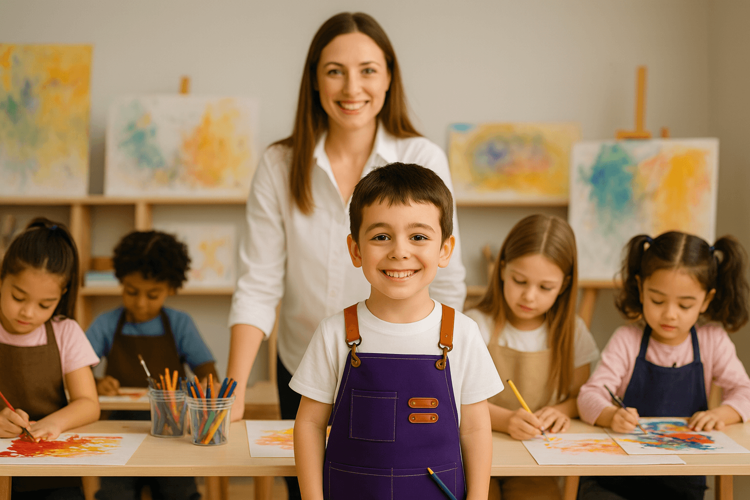 Un groupe d'enfants portant un tablier enfant, s'amusant à peindre sous la supervision d'un adulte.
