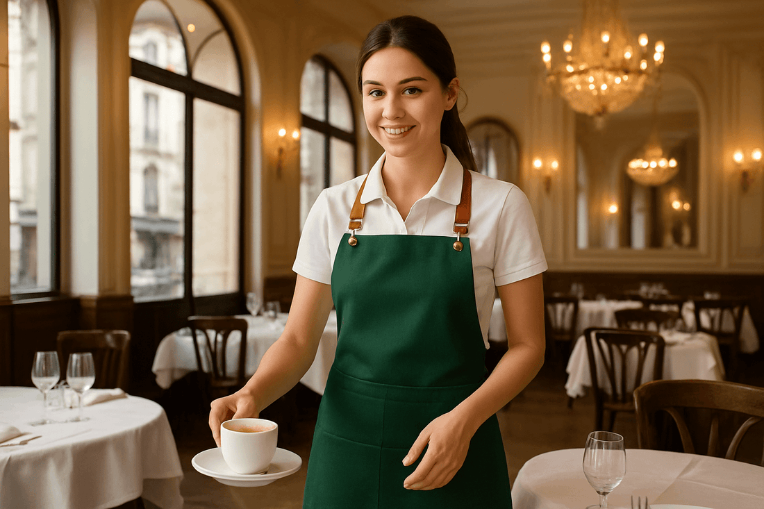 Femme souriante portant un tablier fendu femme, servant une tasse de café dans un restaurant élégant.