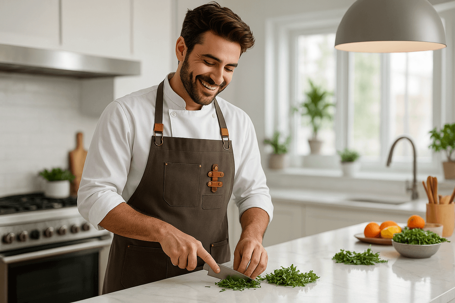 Un homme souriant en train de couper des herbes, portant un tablier de chef avec poches pratiques.