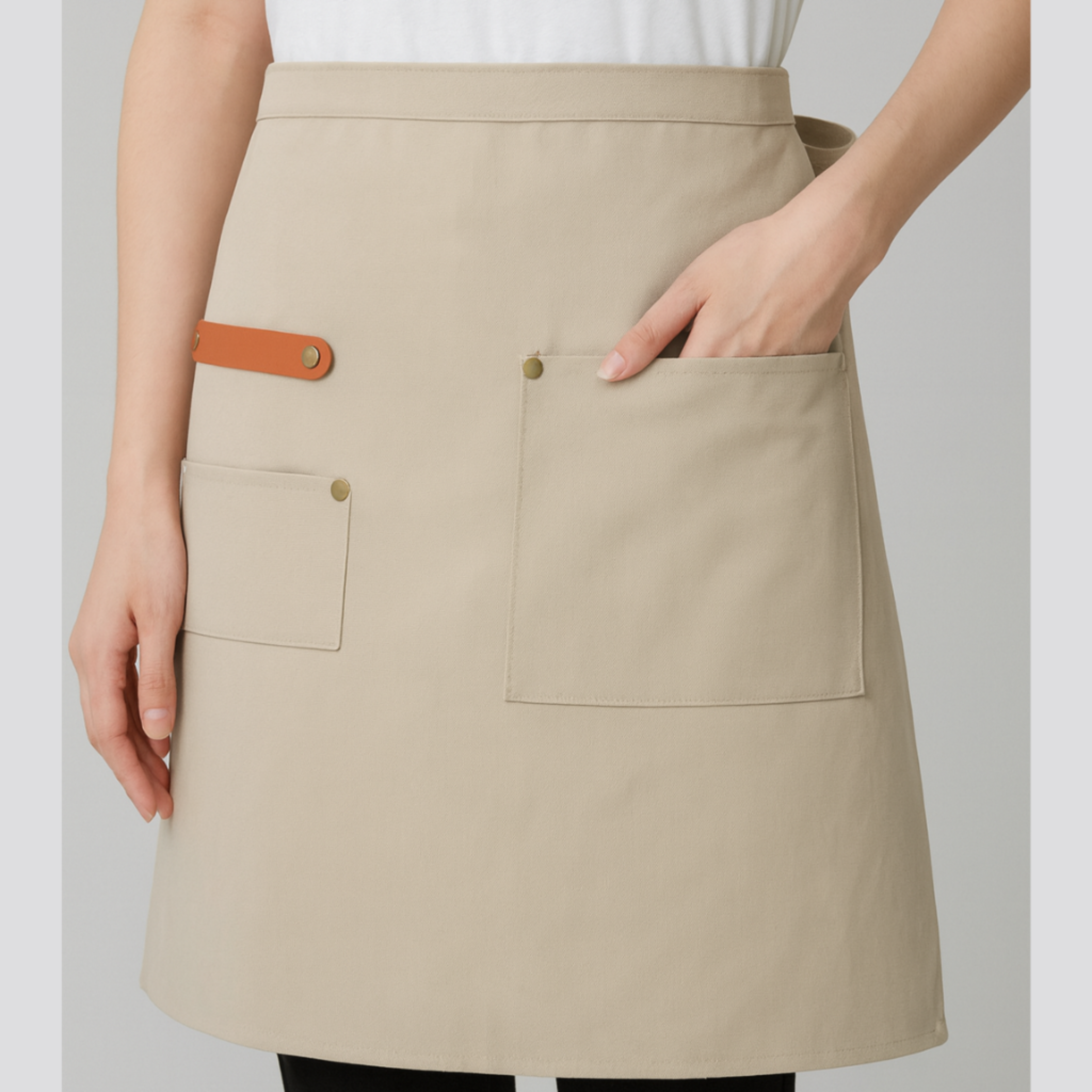 demi tablier beige imperméable en tissu cuisine avec poches, modèle professionnel unisexe pour serveur