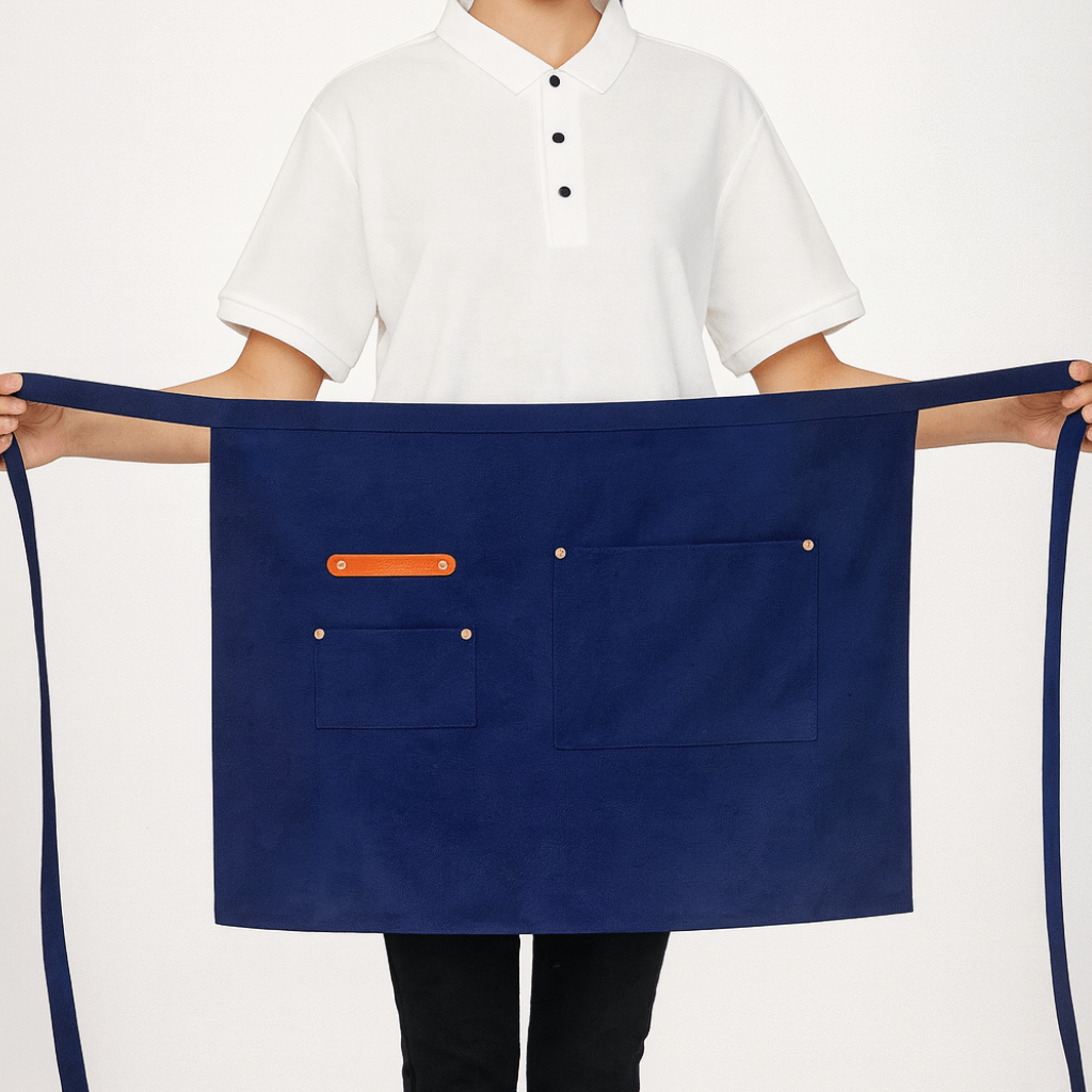 Demi tablier bleu imperméable en tissu cuisine avec poches, modèle professionnel unisexe pour serveur