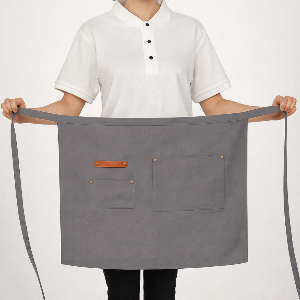 Demi tablier gris imperméable en tissu cuisine avec poches, modèle professionnel unisexe pour serveur