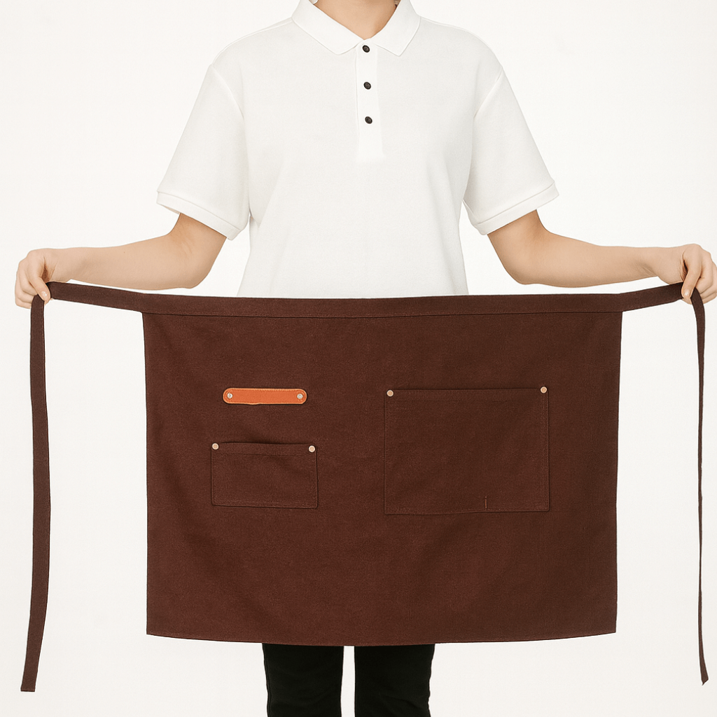 Demi tablier marron imperméable en tissu cuisine avec poches, modèle professionnel unisexe pour serveur