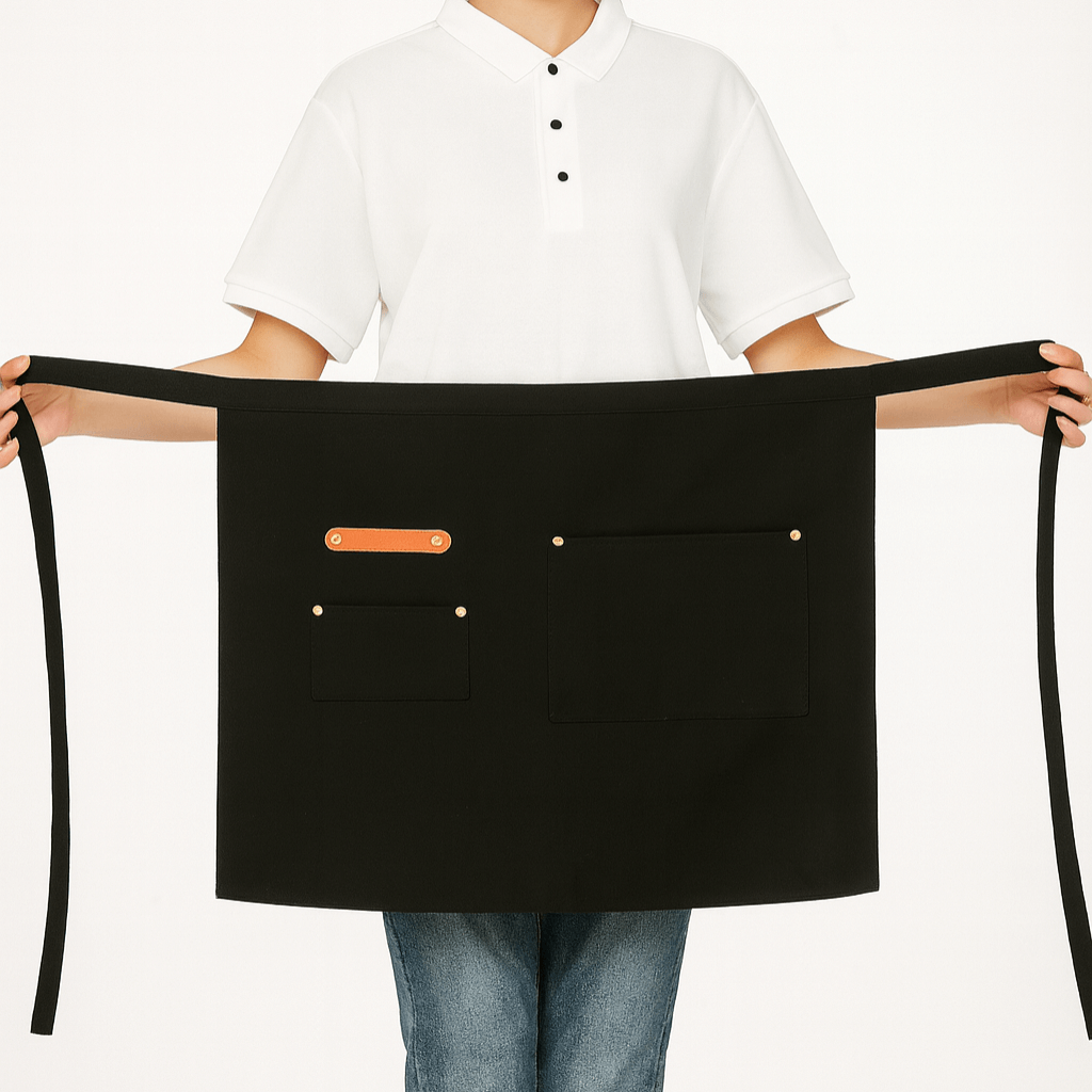 Demi tablier noir imperméable en tissu cuisine avec poches, modèle professionnel unisexe pour serveur