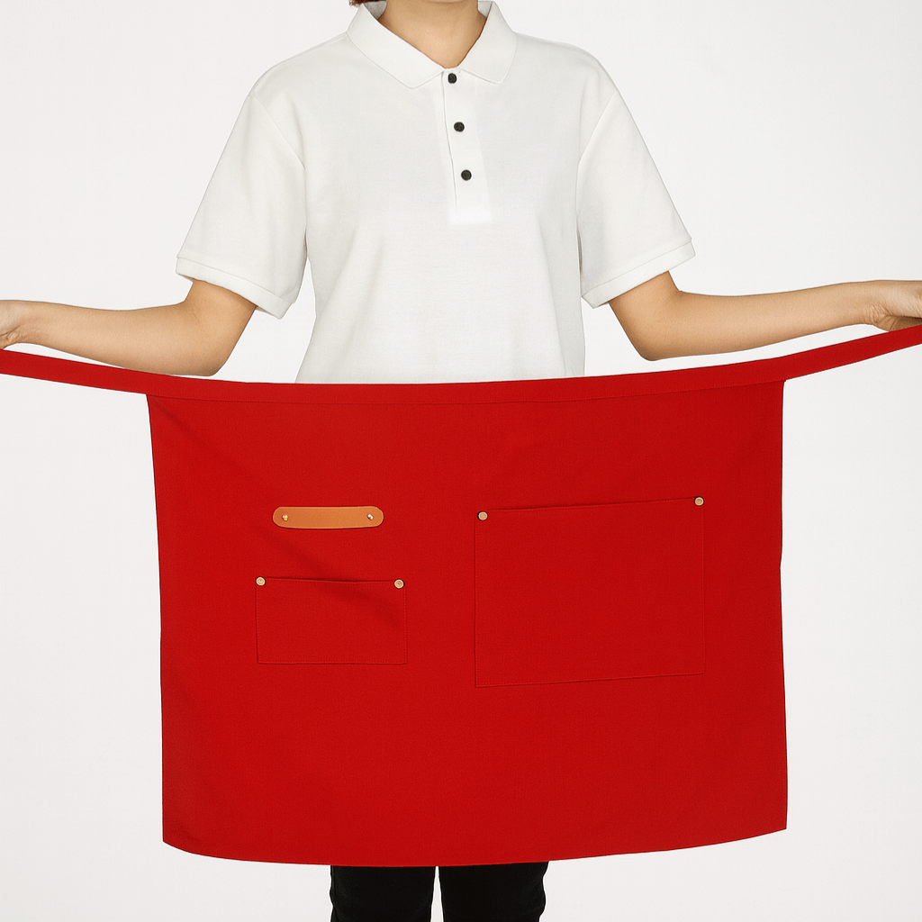 Demi tablier rouge imperméable en tissu cuisine avec poches, modèle professionnel unisexe pour serveur