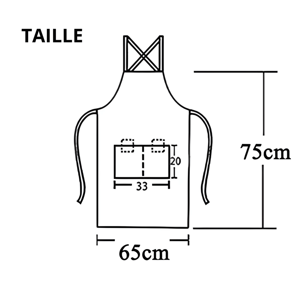 schéma des dimensions d'un tablier de cuisine femme  : 65 cm de large et 75 cm de haut