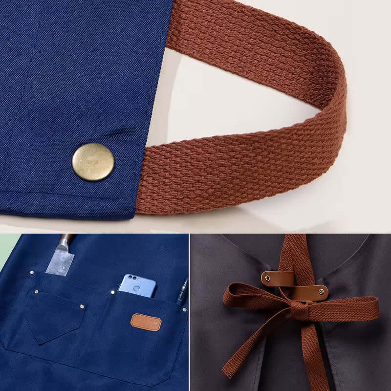 détail des bretelles en cuir réglables et finitions du tablier de cuisine unisexe