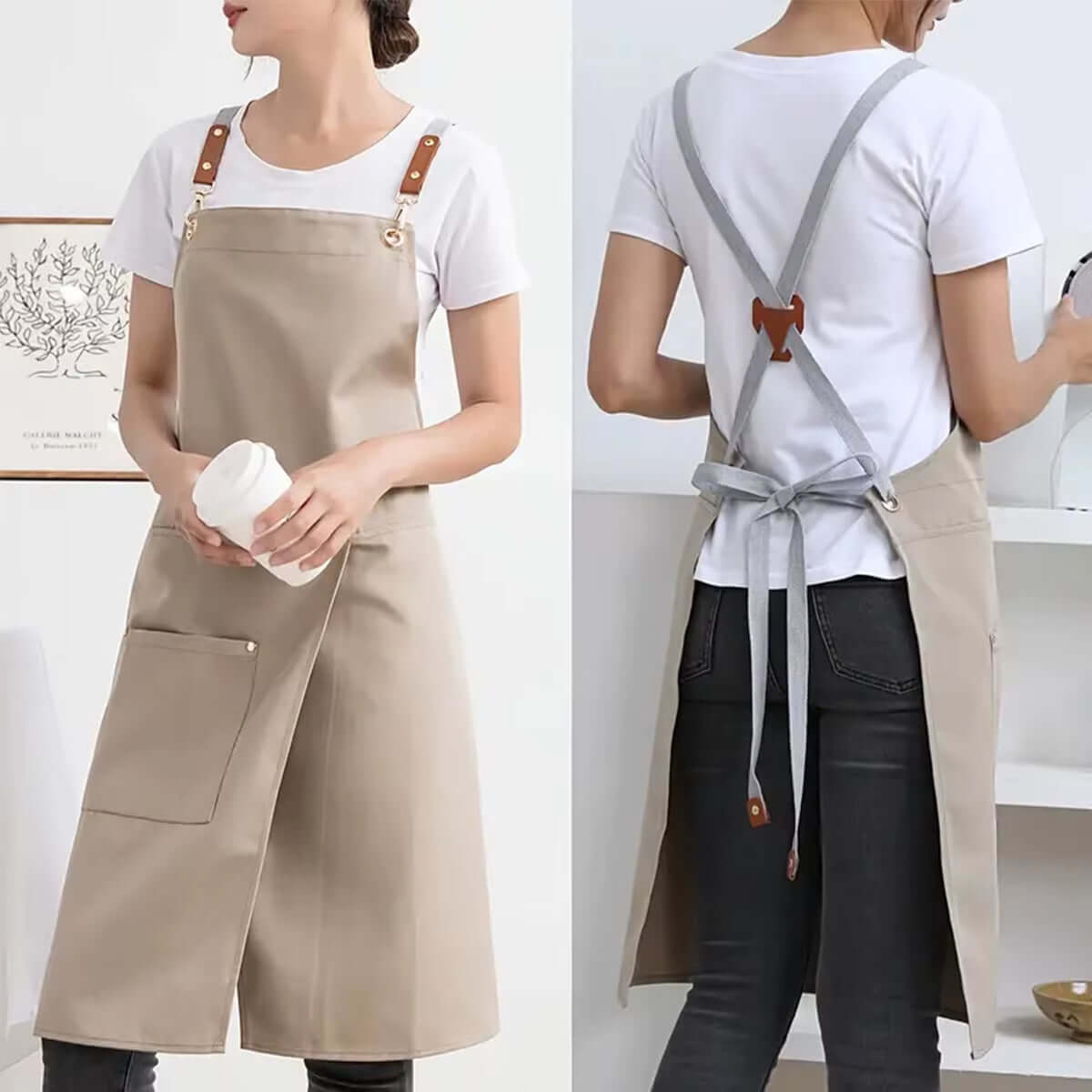 tablier femme beige imperméable en toile cuisine avec poches et jupe fendue, idéal pour restaurants et cafés