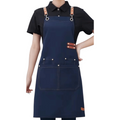 tablier de cuisine femme bleu marine avec bretelles en cuir et poches pratiques