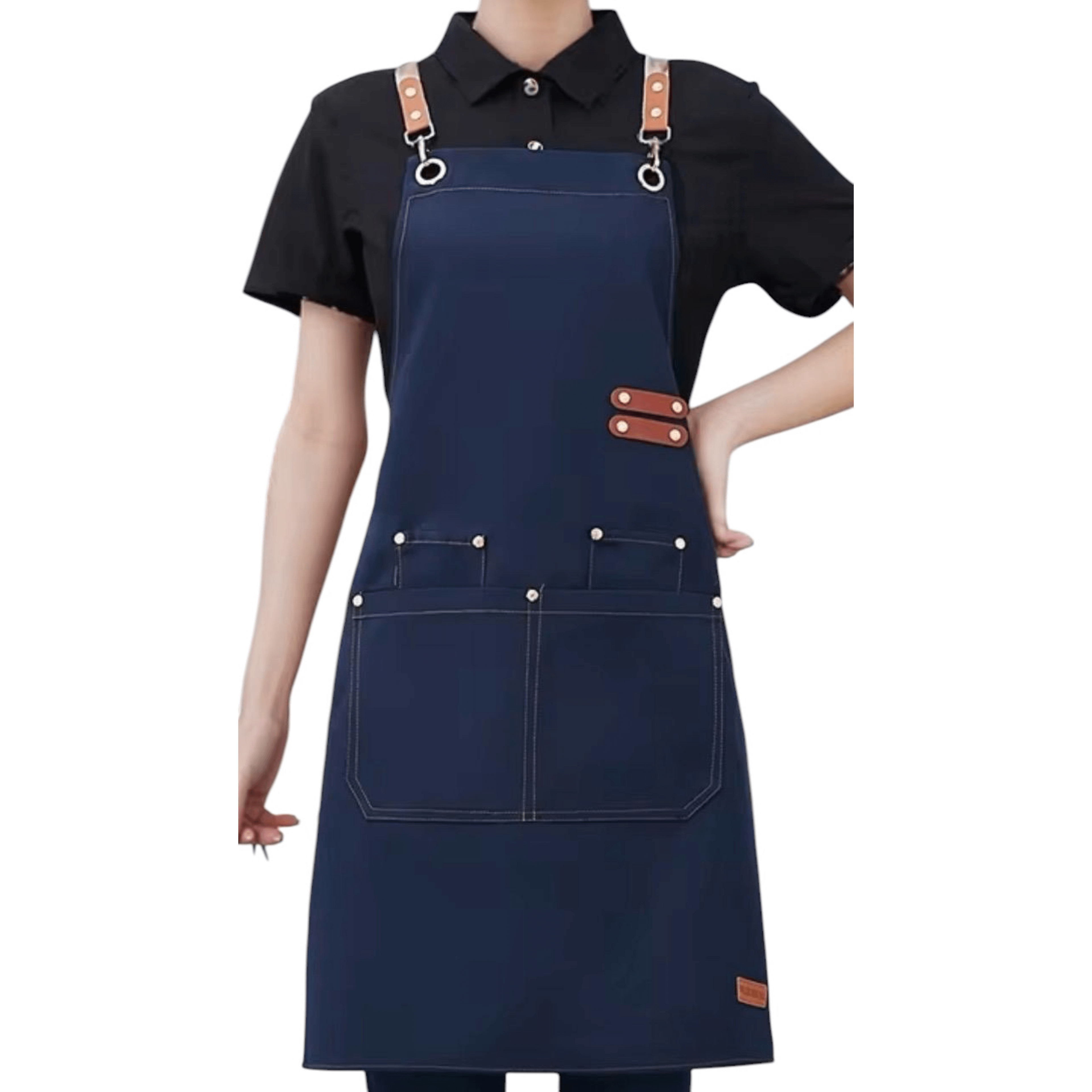 tablier de cuisine femme bleu marine avec bretelles en cuir et poches pratiques