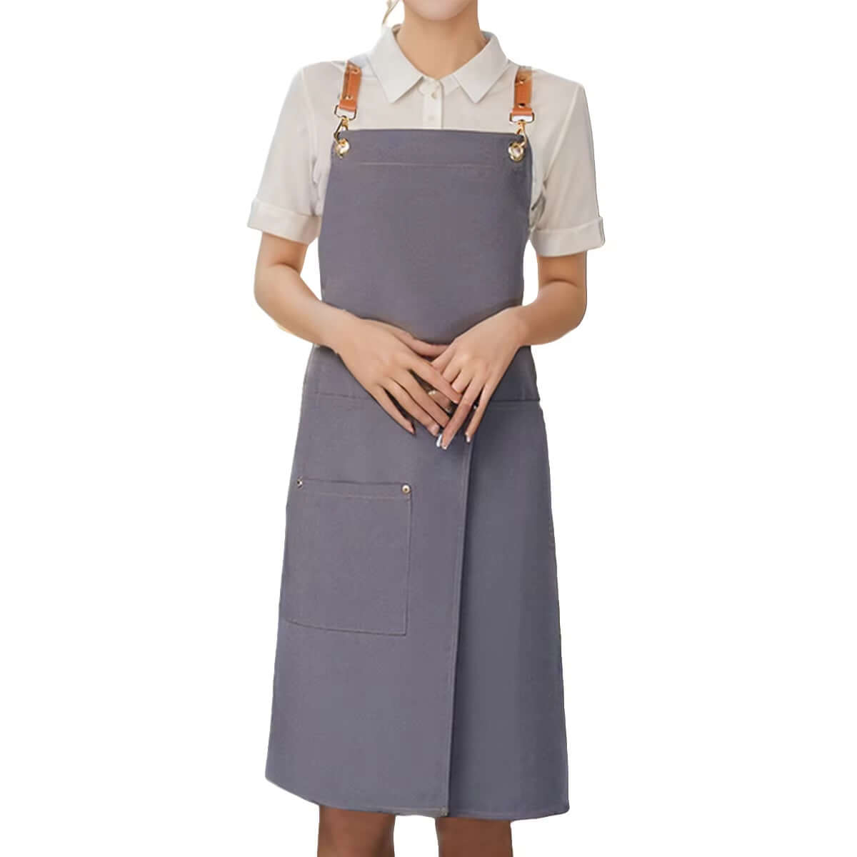 tablier femme gris imperméable en toile cuisine avec poches et jupe fendue, idéal pour restaurants et cafés