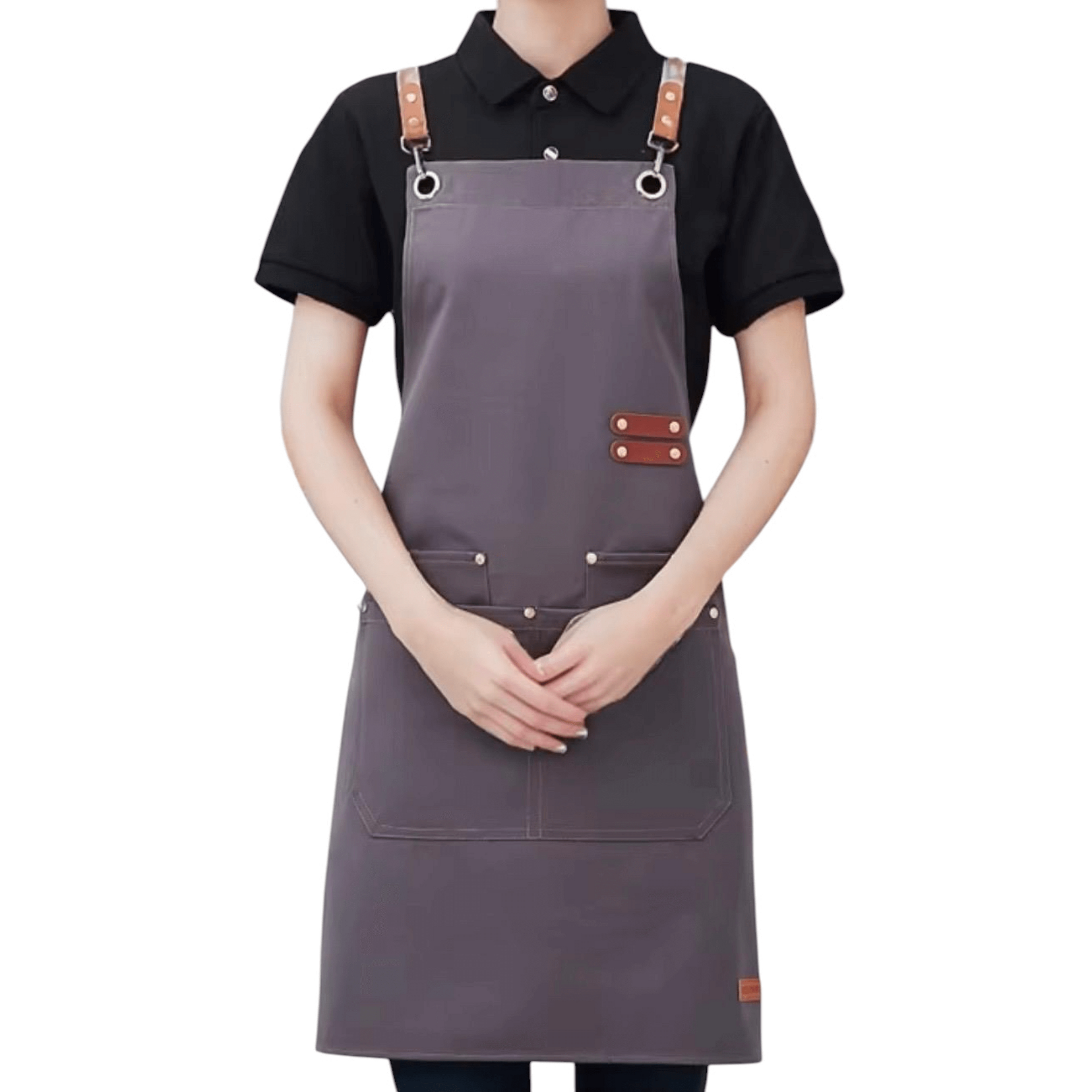 tablier de cuisine femme gris avec bretelles en cuir et poches pratiques