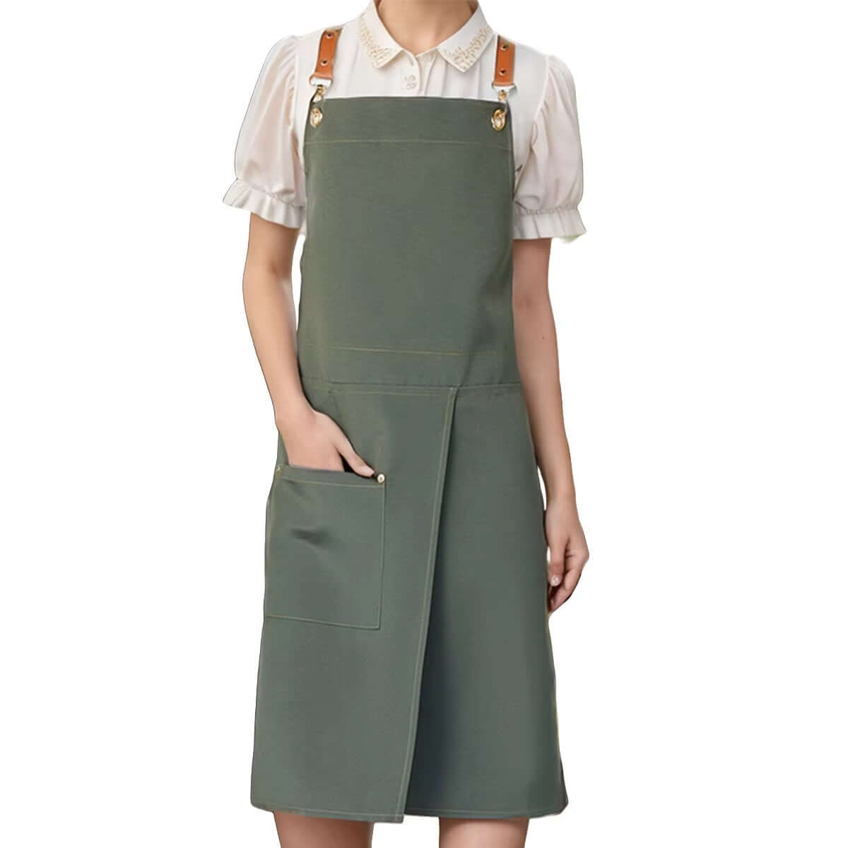 tablier femme kaki imperméable en toile cuisine avec poches et jupe fendue, idéal pour restaurants et cafés