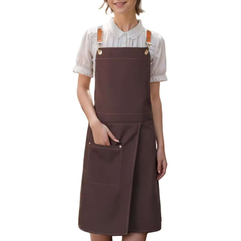 tablier femme marron foncé imperméable en toile cuisine avec poches et jupe fendue, idéal pour restaurants et cafés