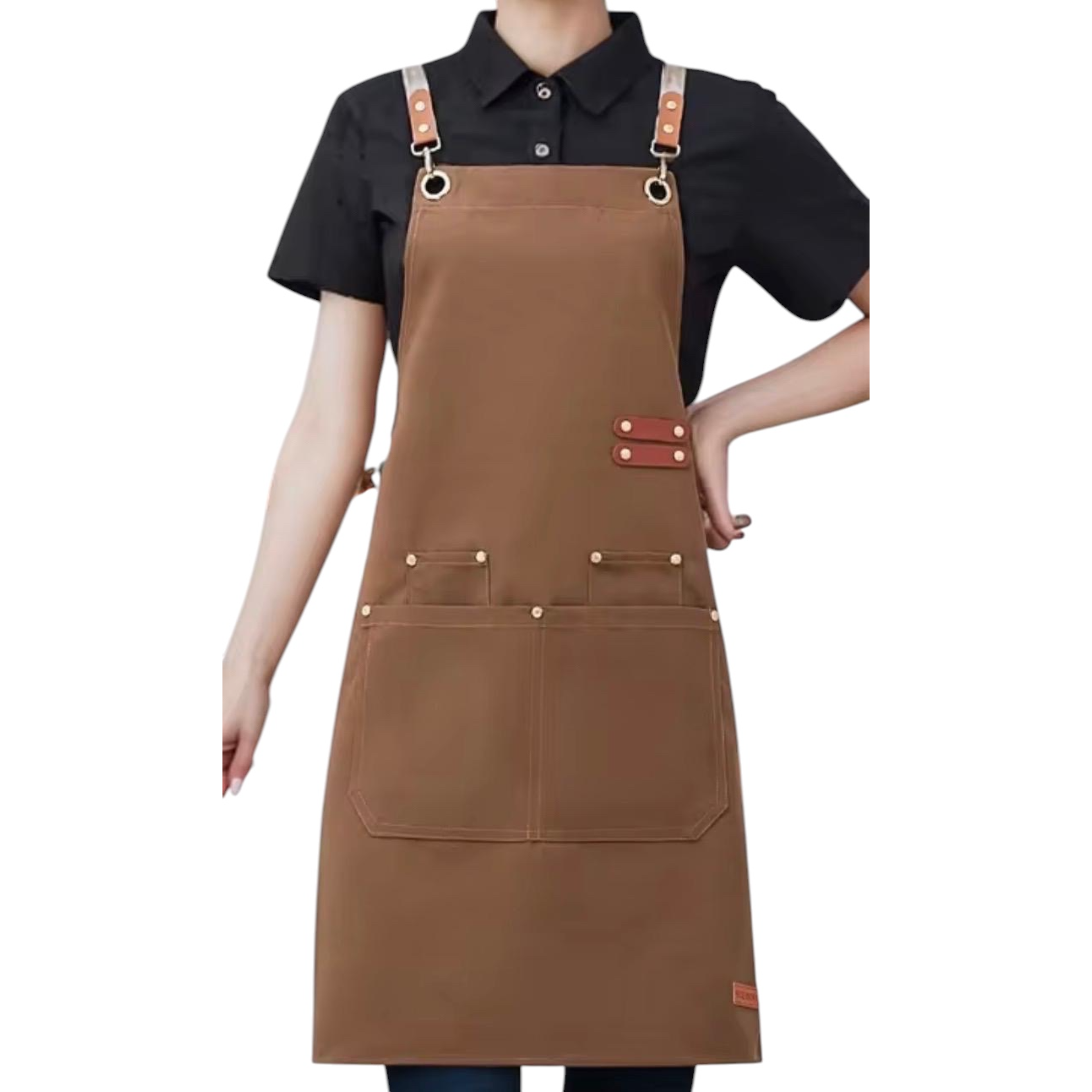tablier de cuisine femme marron avec bretelles en cuir réglables et poches pratiques