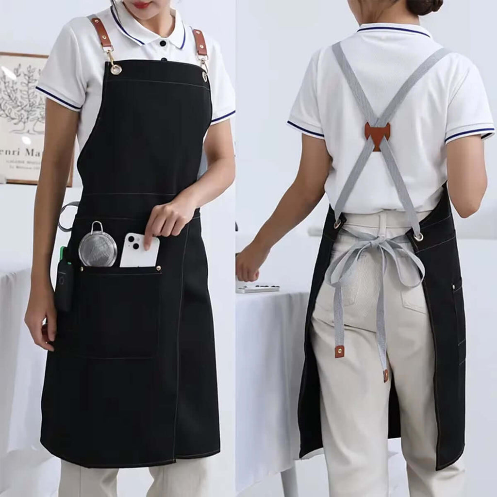 tablier femme noir imperméable en toile cuisine avec poches et jupe fendue, idéal pour restaurants et cafés