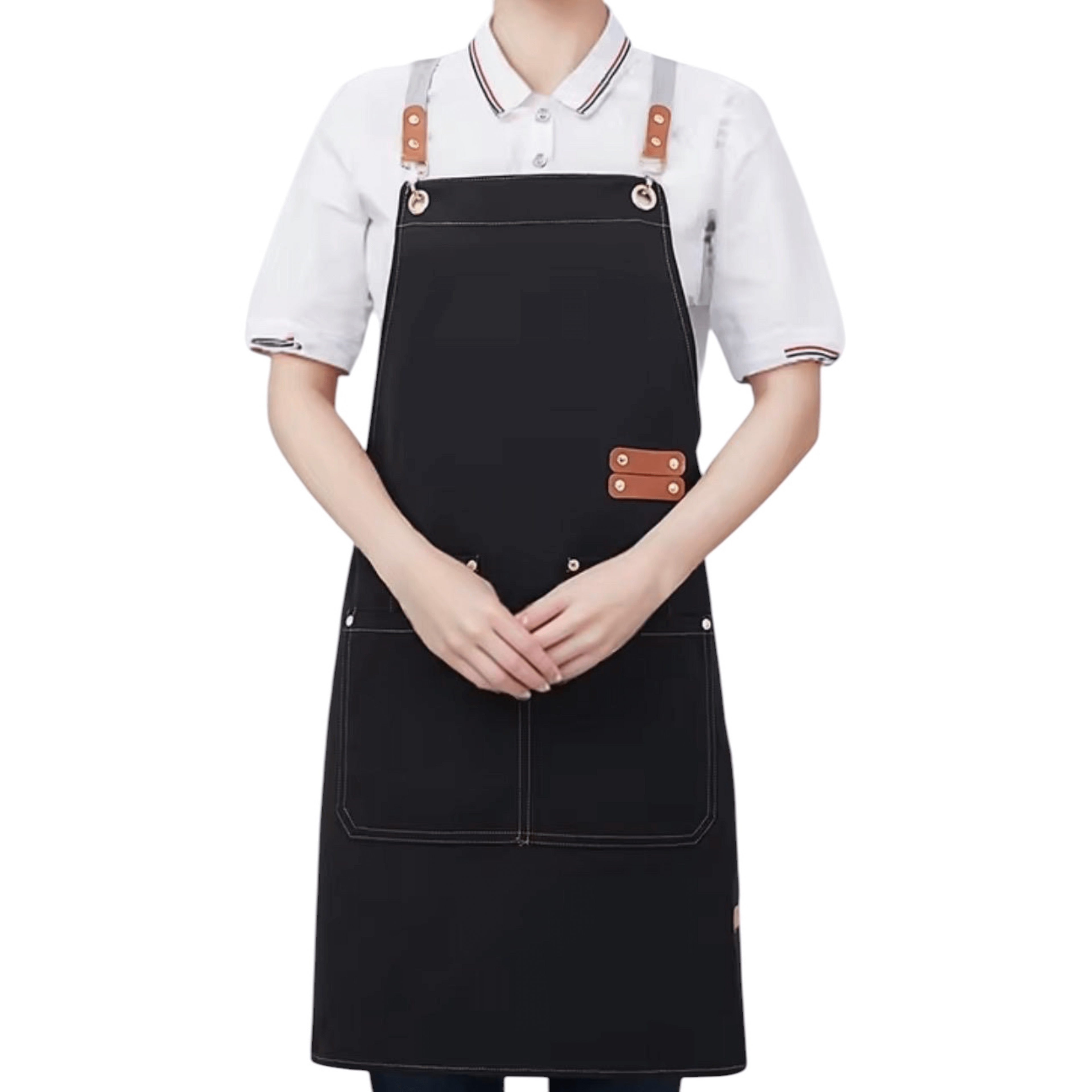 tablier de cuisine femme noir avec bretelles en cuir réglables et poches pratiques 