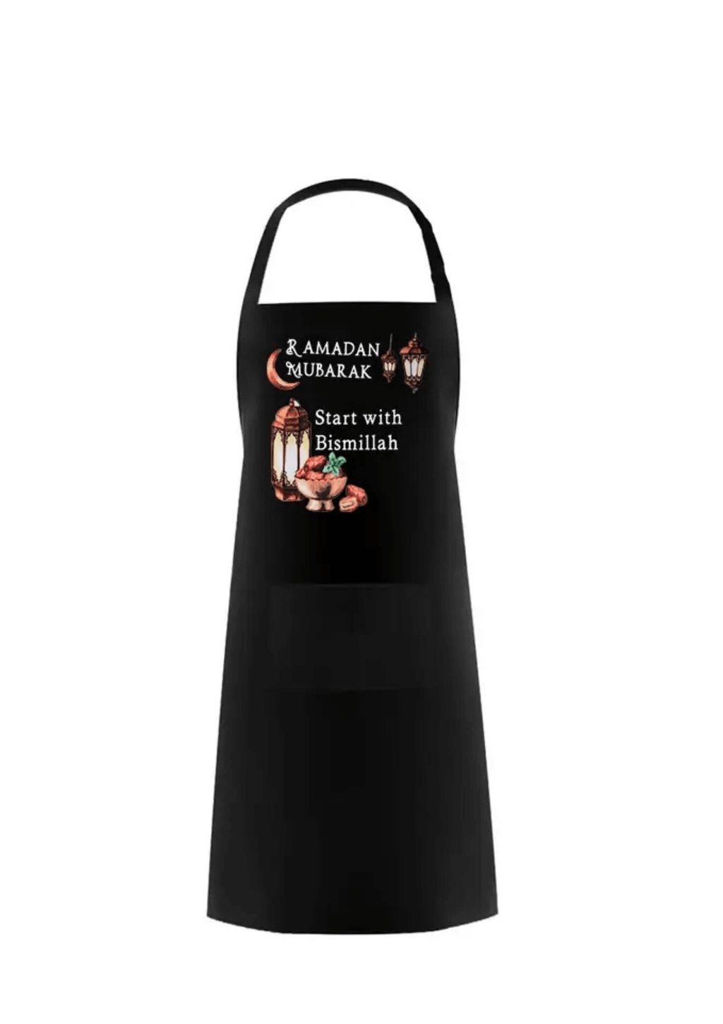 Tablier Ramadan Mubarak noir avec motif oriental et texte 'Start with Bismillah'.